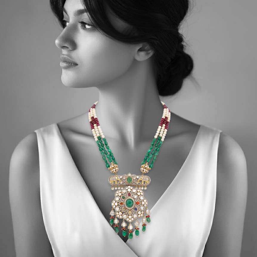 Navratan Necklace with Open Polki and beads